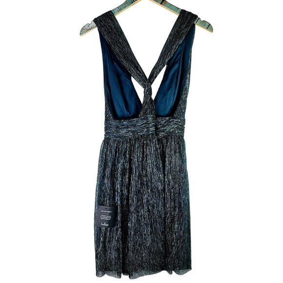 Lulus Ailey Halter Mini Twisted Back Metallic Threaded Gold Teal Skater Dress, S - Picture 3 of 10